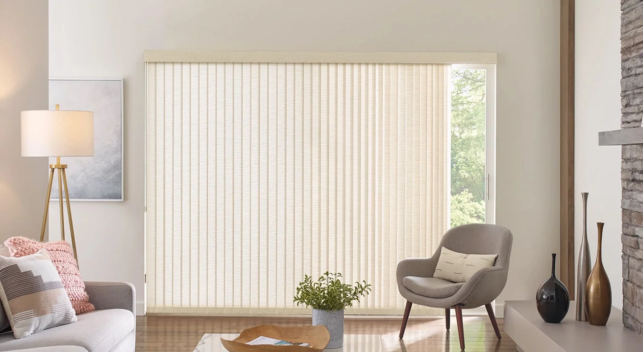 Modern living room with vertical blinds