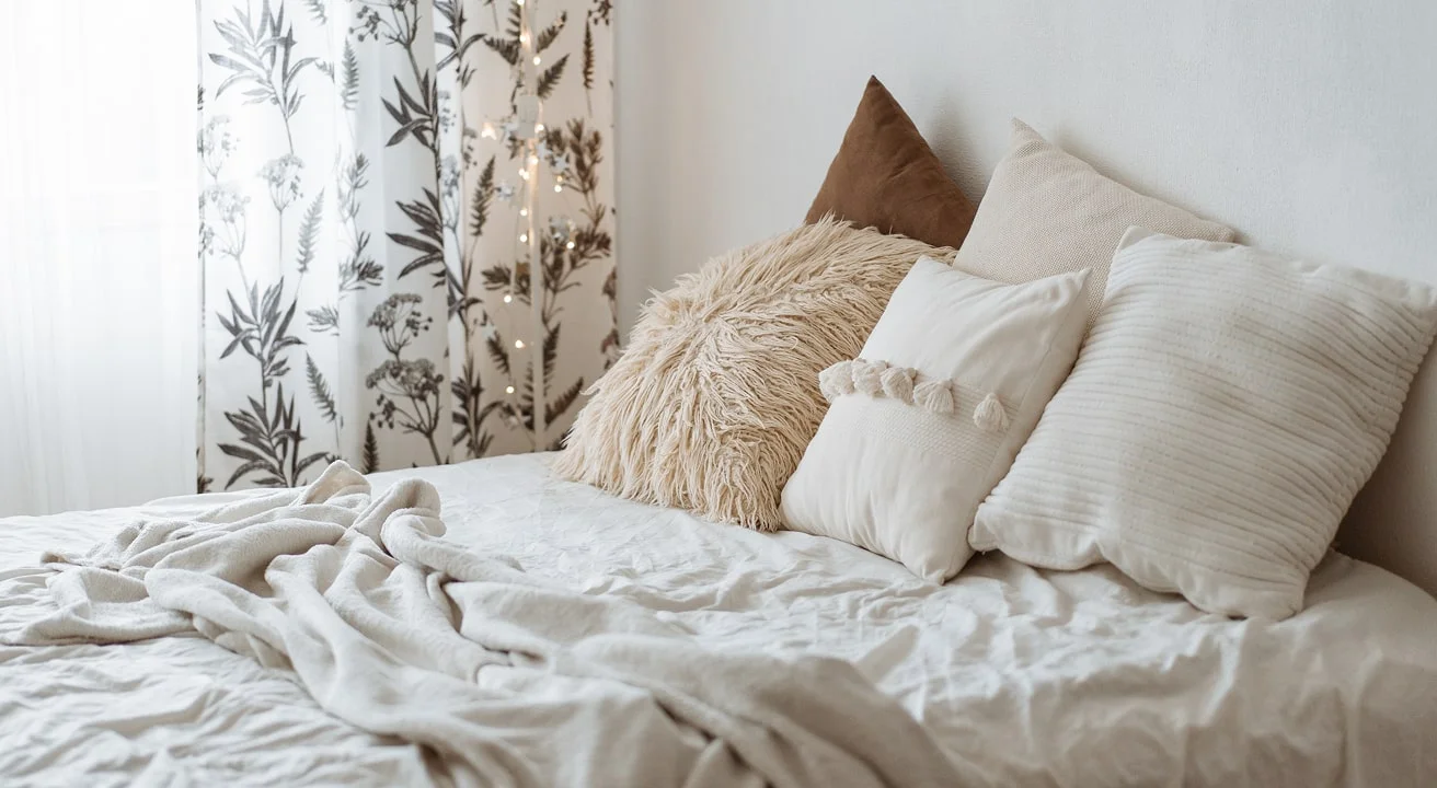 Cozy bedroom with pillows and floral curtains.