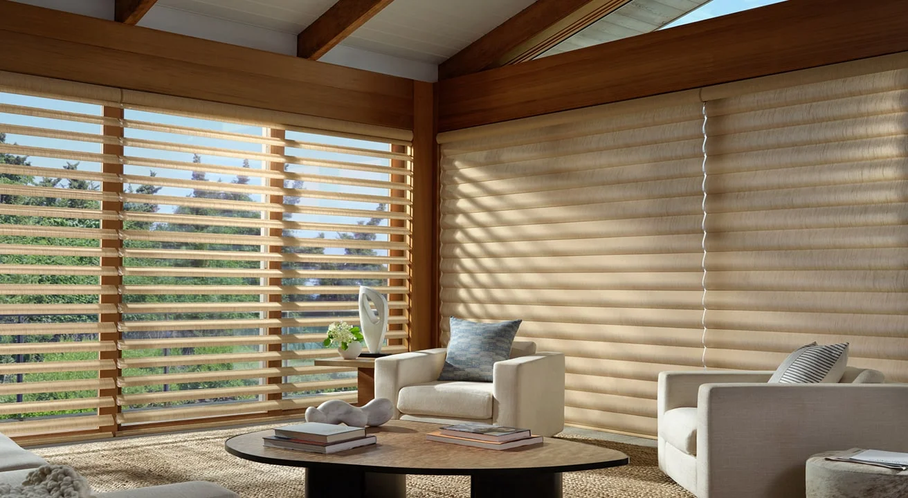 Modern living room with wooden blinds and armchairs
