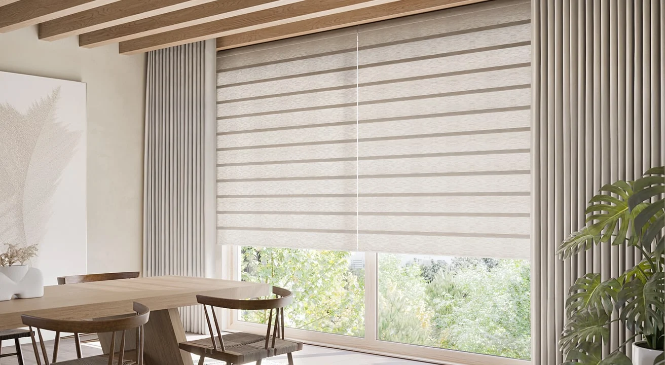 Modern dining room with large window blinds