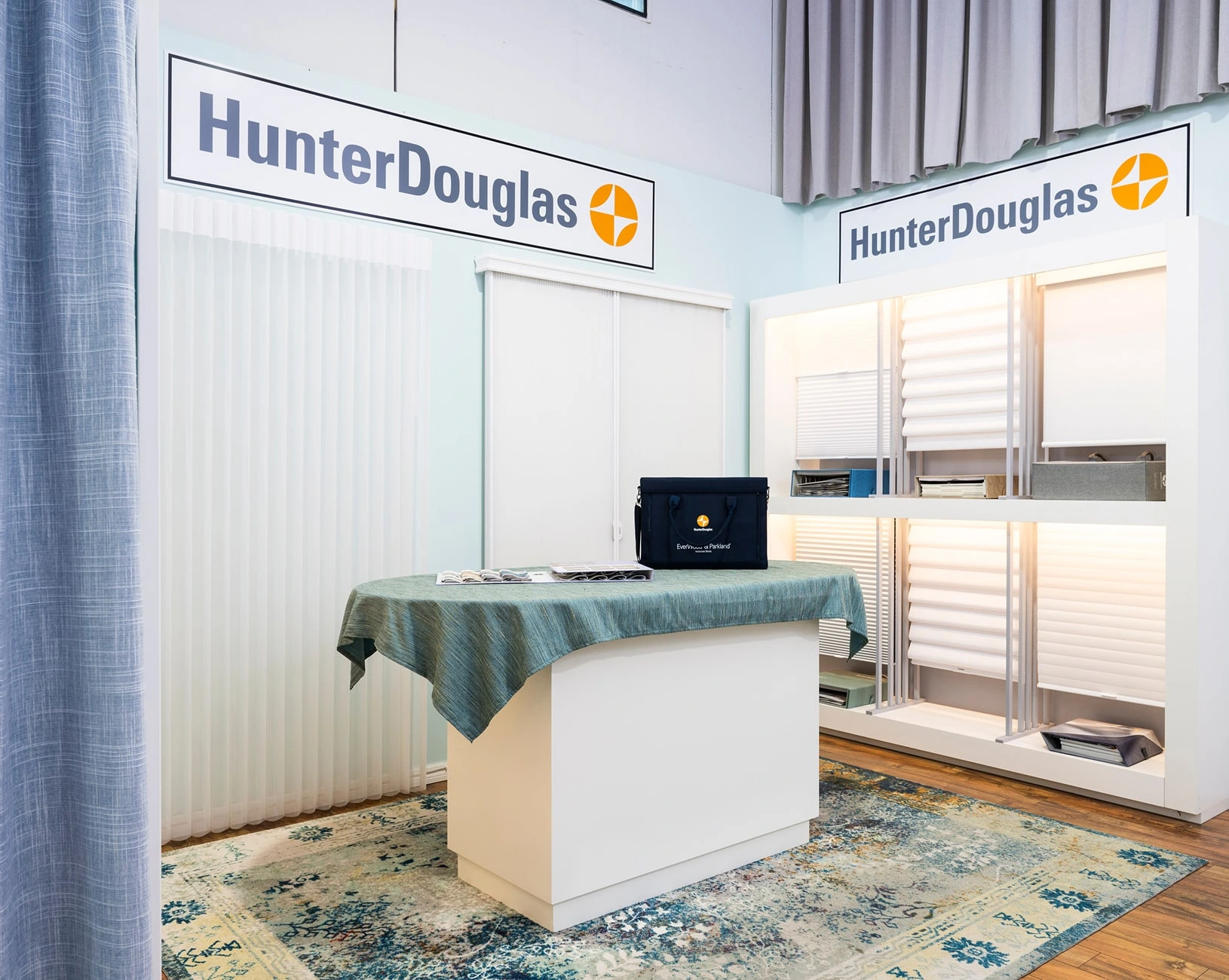 Hunter Douglas showroom with window treatments display.