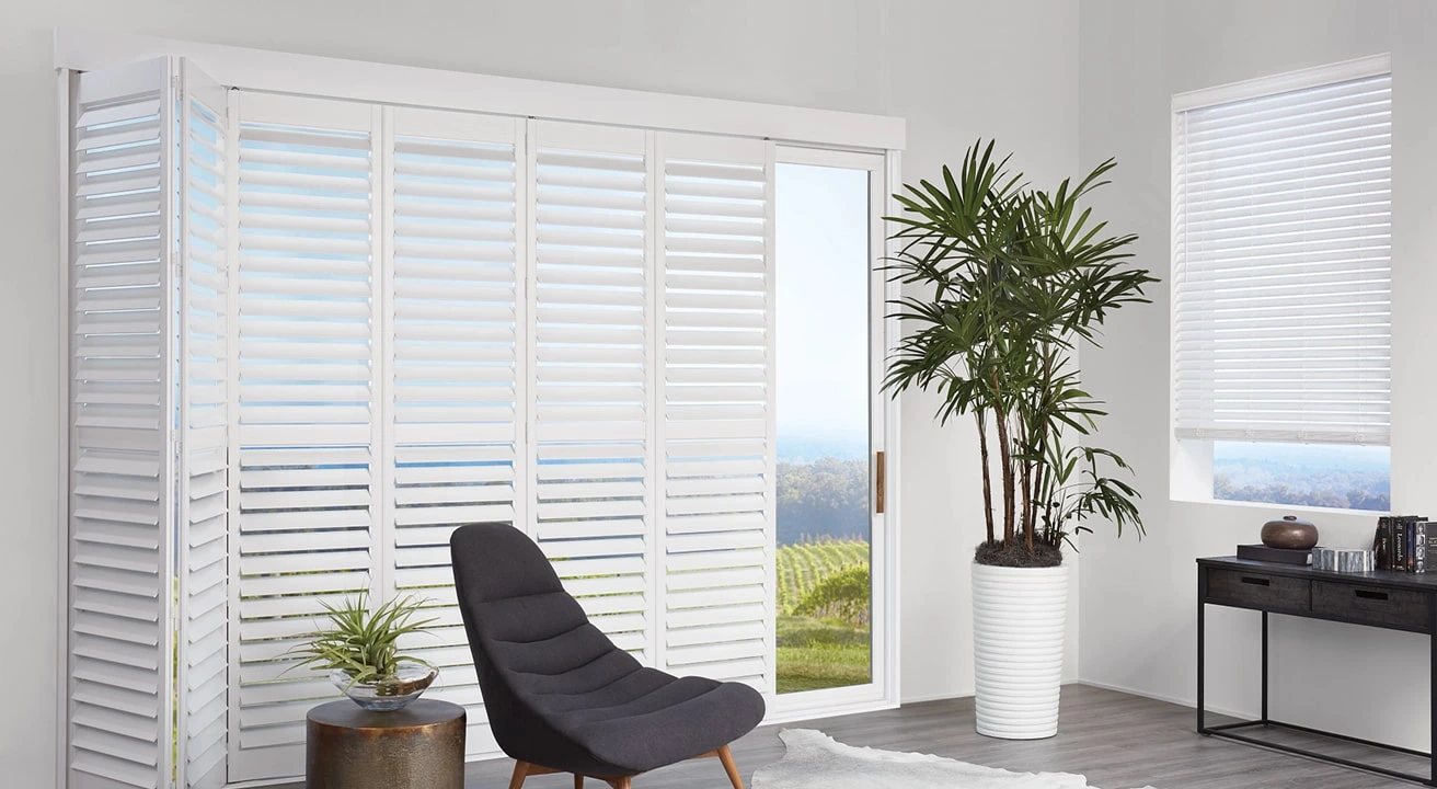 Modern living room with shutters and potted plant